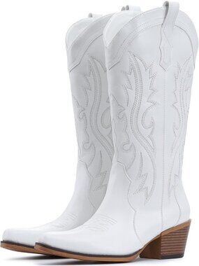 Women's White Mid Calf Snip Toe Western Cowgirl Faux Leather Heeled Boots